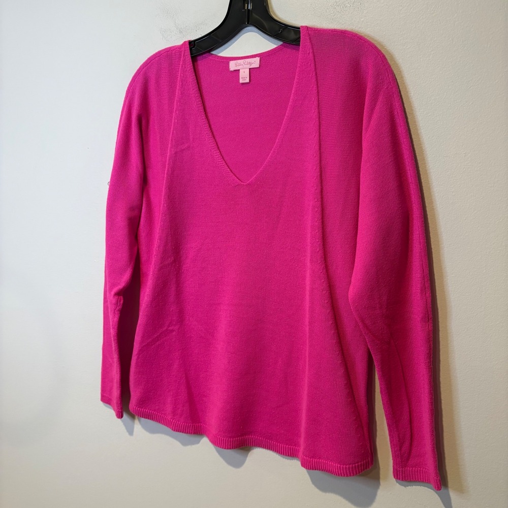 Lilly Pulitzer V Neck Long Sleeve Pullover Sweater Hot Pink Knit Size S - Picture 2 of 9
